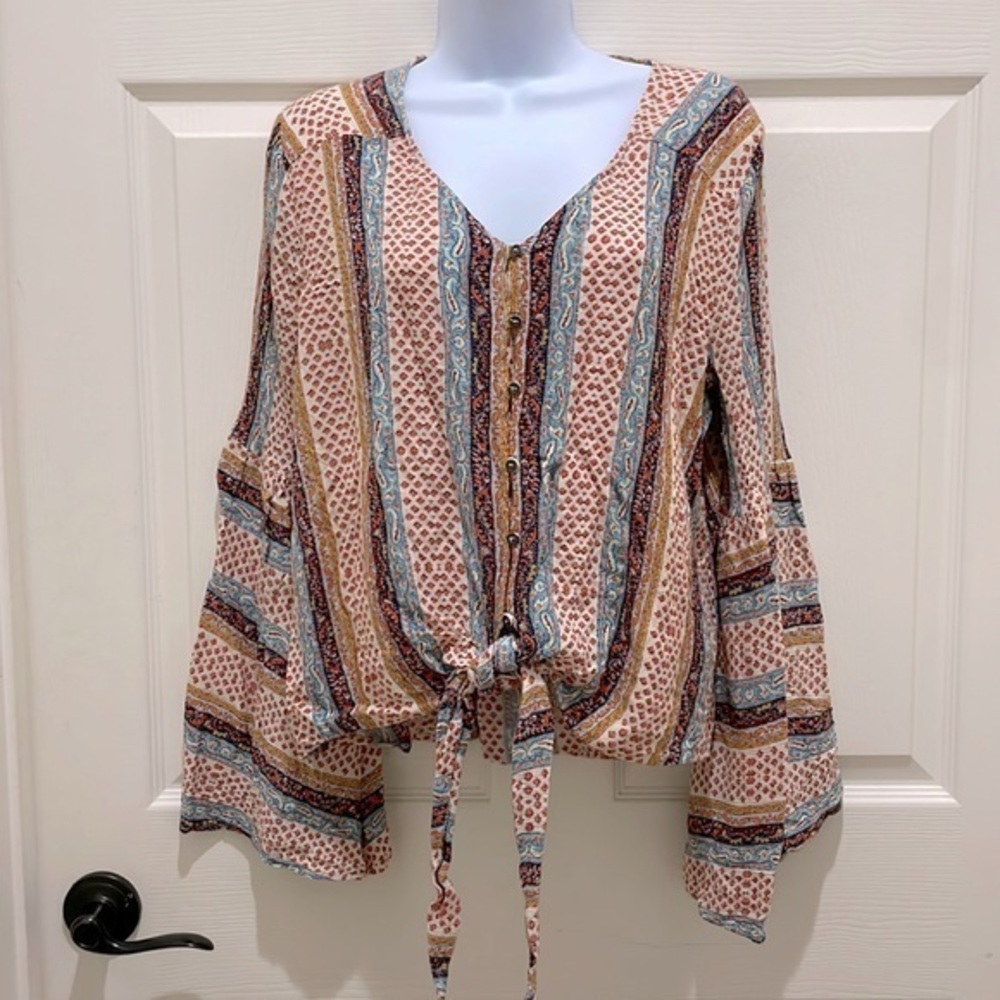 Love Riche Boho Floral Bell Sleeve Button Down Tie Top